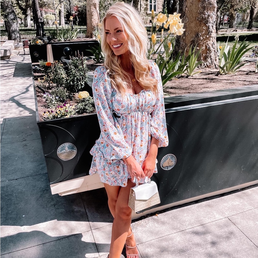 Floral side cutout mini dress long sleeve